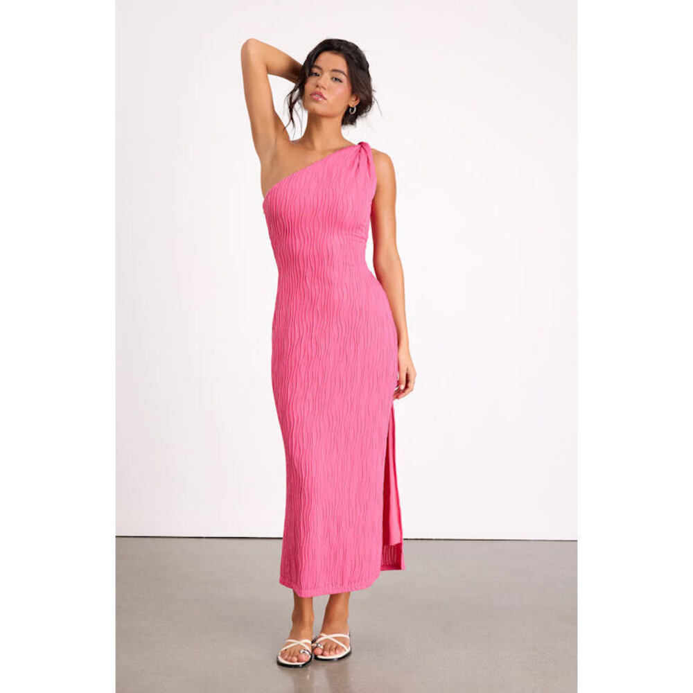 Lulus Aristea Fuchsia Textured One-shoulder Midi Dress Pink - Size XS